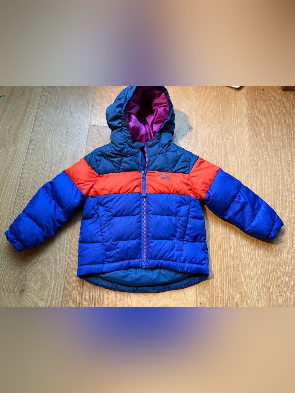 L.L.Bean Unisex Kids 2T Blue/Orange Colorblock Hooded Down Full Zip Jacket